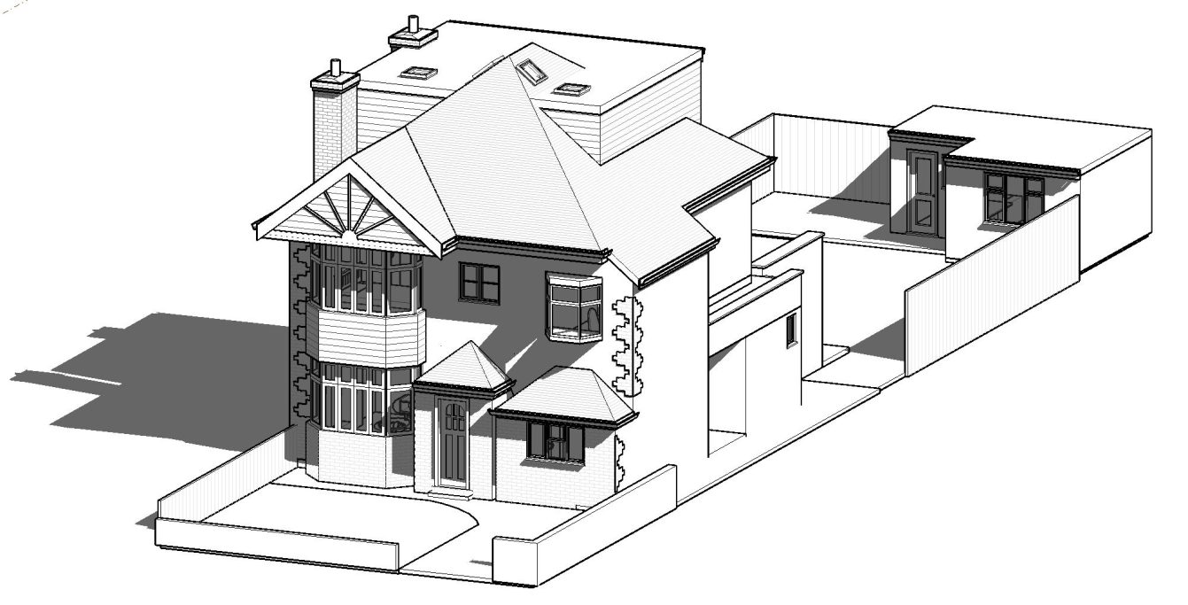 Proposed 3D View 01 3D architectural model of a modern house with multiple sections and distinct rooflines.