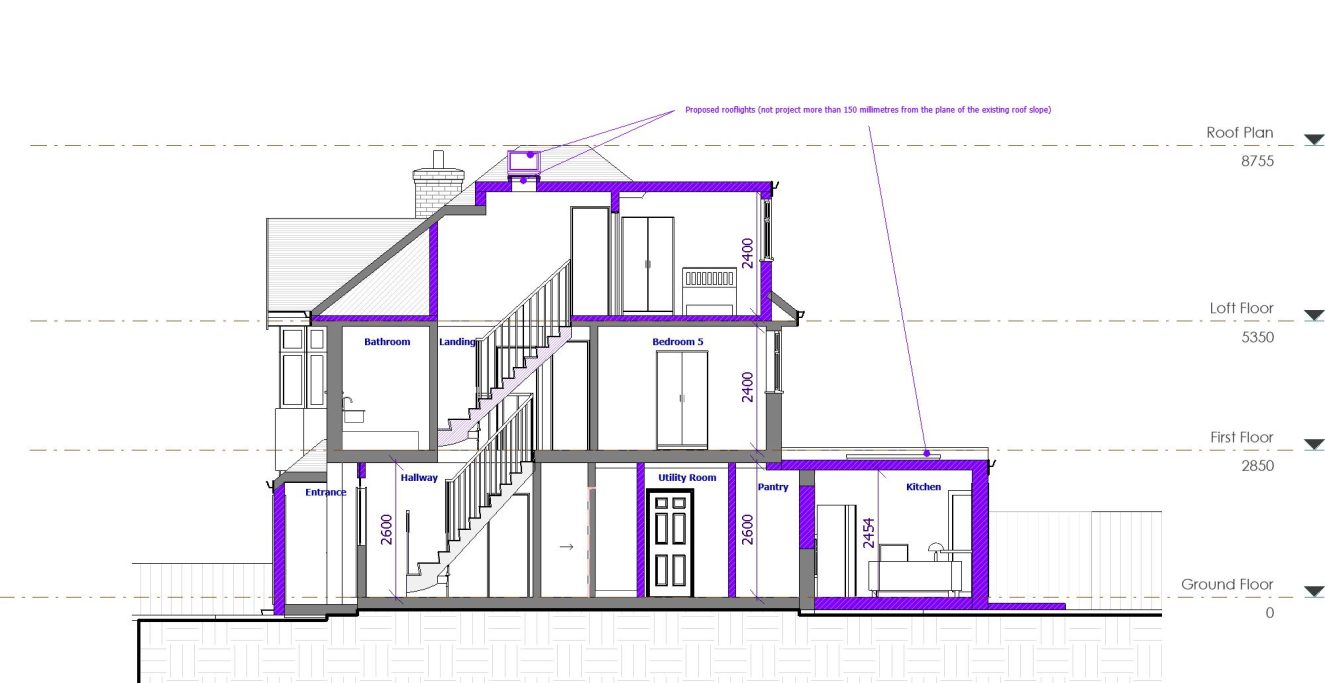 Proposed section Section drawing of a house highlighting interior layout and structural elements in purple.