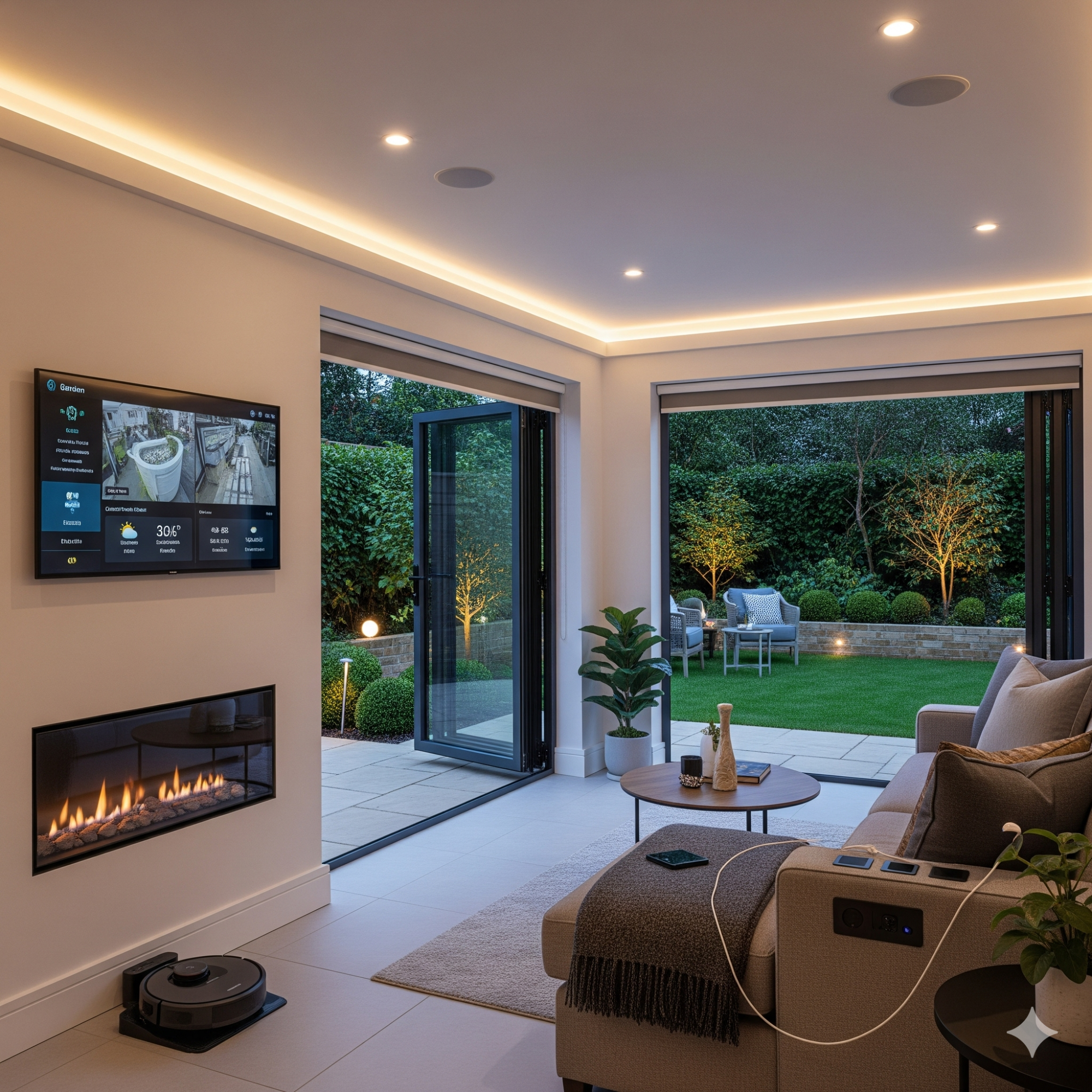 Smart Technology Modern living room with a fireplace and open doors leading to a garden.