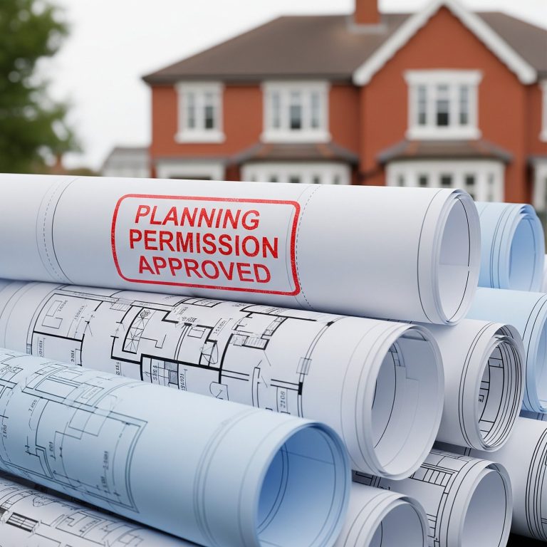 UK Planning permission Planning permission documents stacked in front of a red-brick house.