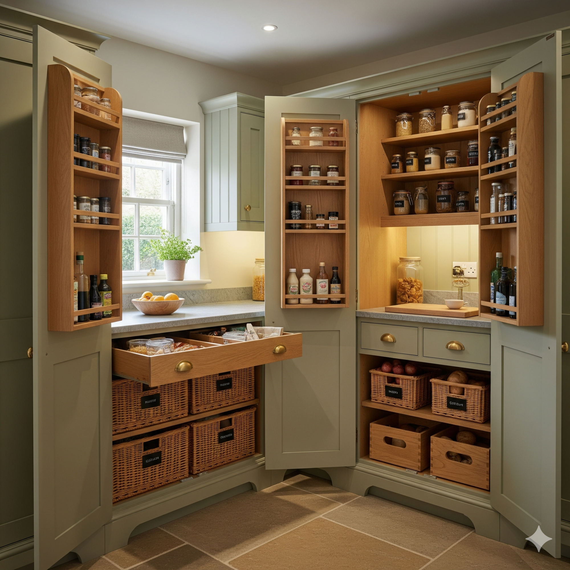 The functional ladder unit A well-organised kitchen cupboard with shelves, drawers, and jars.