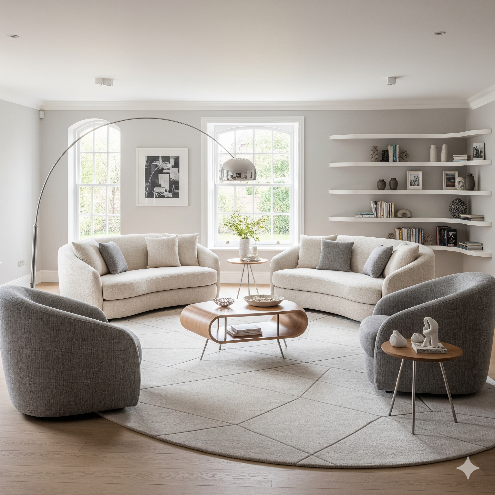Curved Furniture Modern living room with curved sofas, sleek armchairs, a coffee table, and light decor.