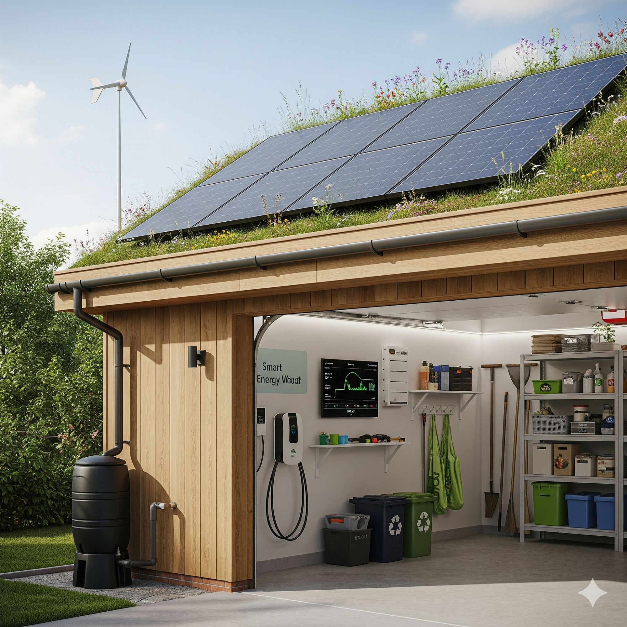 Sustainability & Energy Efficiency Ecologically designed garage with solar panels, wind turbine, and green roof.