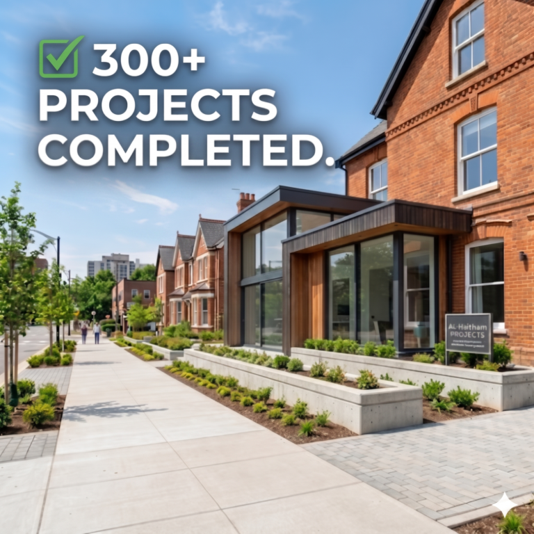 ✅ 300+ projects completed Modern building beside a tree-lined walkway, featuring completed project signage.