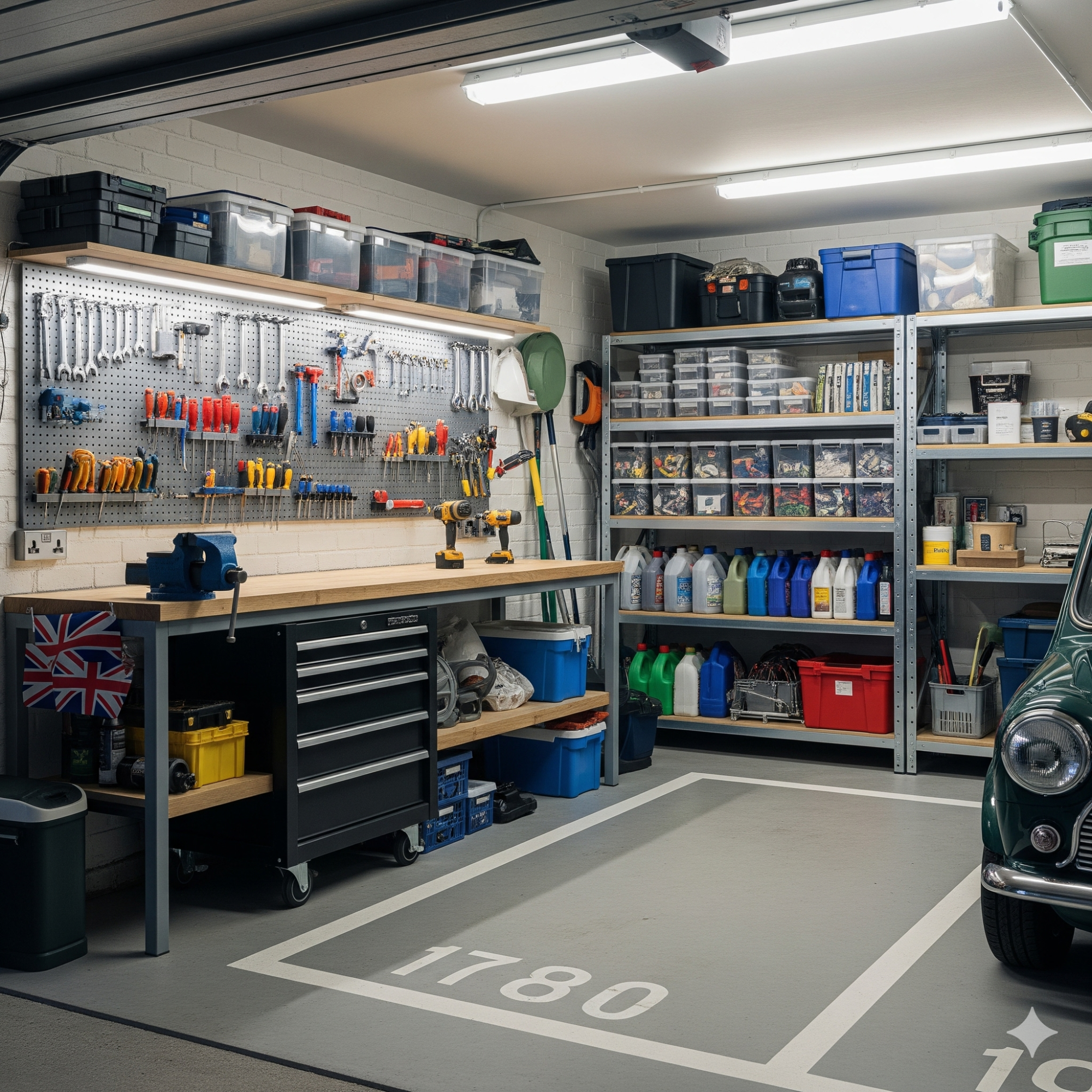 Functional & Organised A well-organised garage with tools, storage shelves, and a parked car.