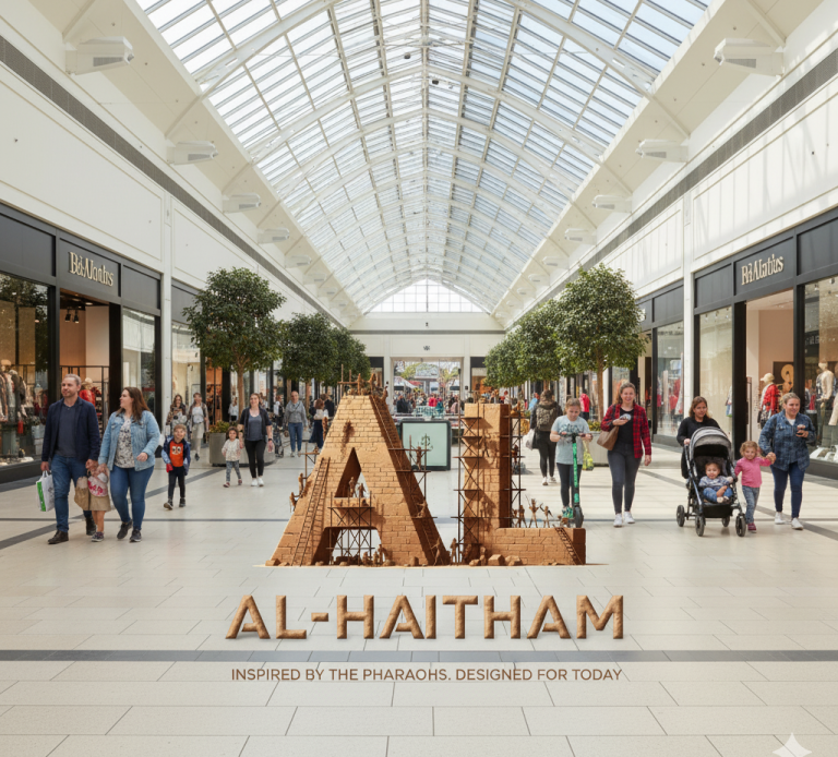 Al-Haitham for architectural services in Milton Keynes Shopping mall interior with large wooden letters "AL-HAITHAM" prominently displayed.