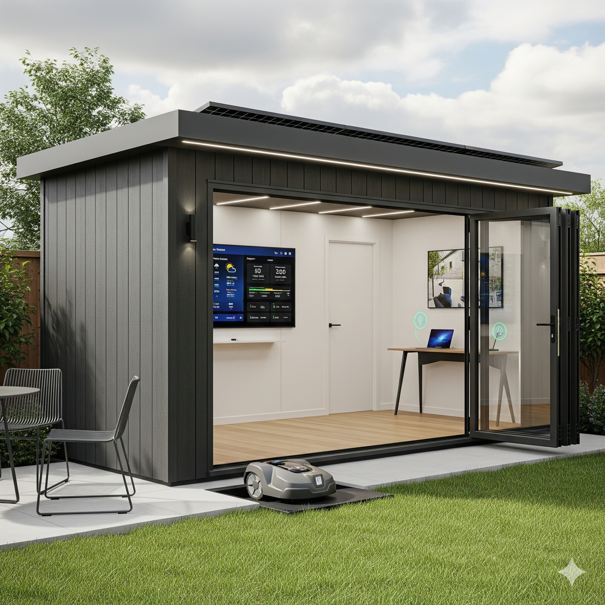 Smart Technology Modern garden office with large glass doors, sleek design, and outdoor seating area.