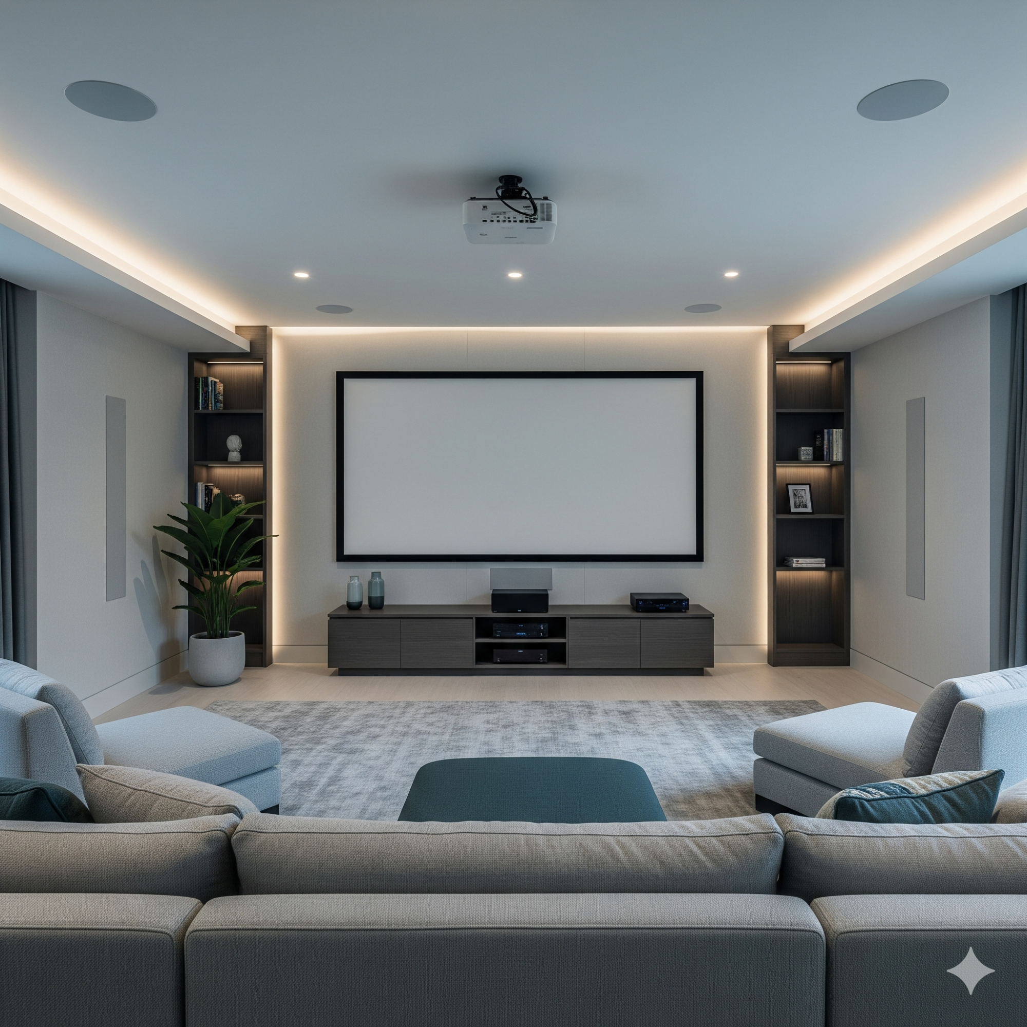 Modern Minimalist Media Modern home cinema with a projector, large screen, and stylish seating.