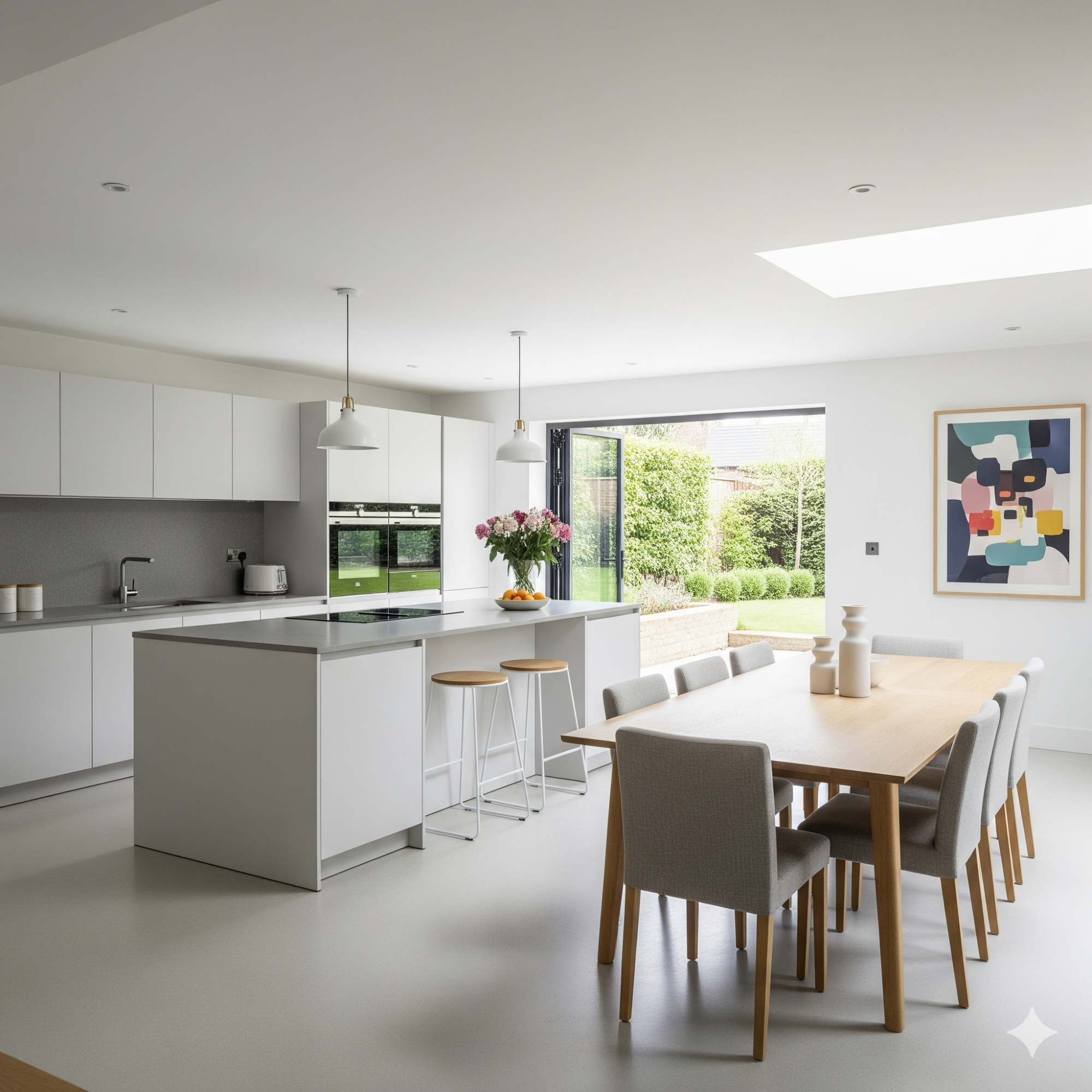 Modern & Minimalist Modern kitchen and dining area with a large table, light cabinets, and garden view.