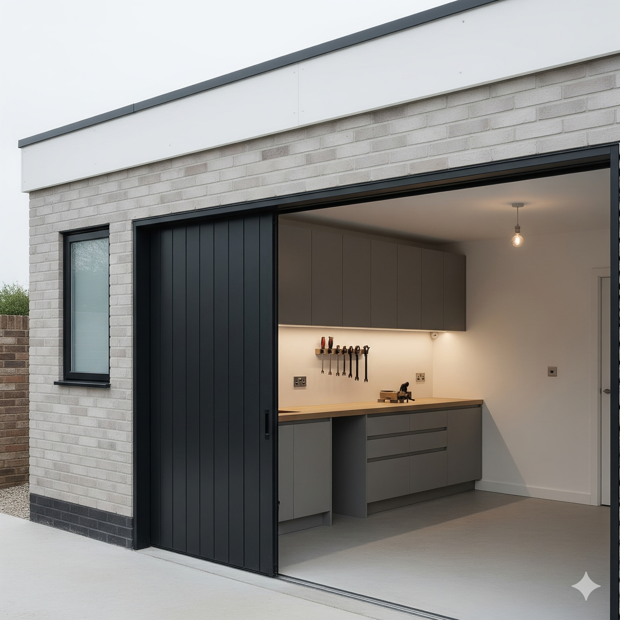 Modern & Minimalist Modern garage with a sleek design, featuring a grey kitchen area and open black door.