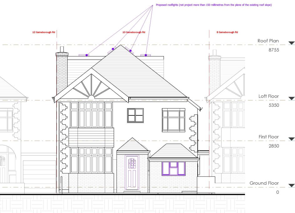 Proposed Front Elevation Architectural drawing of a house with detailed dimensions and annotations.
