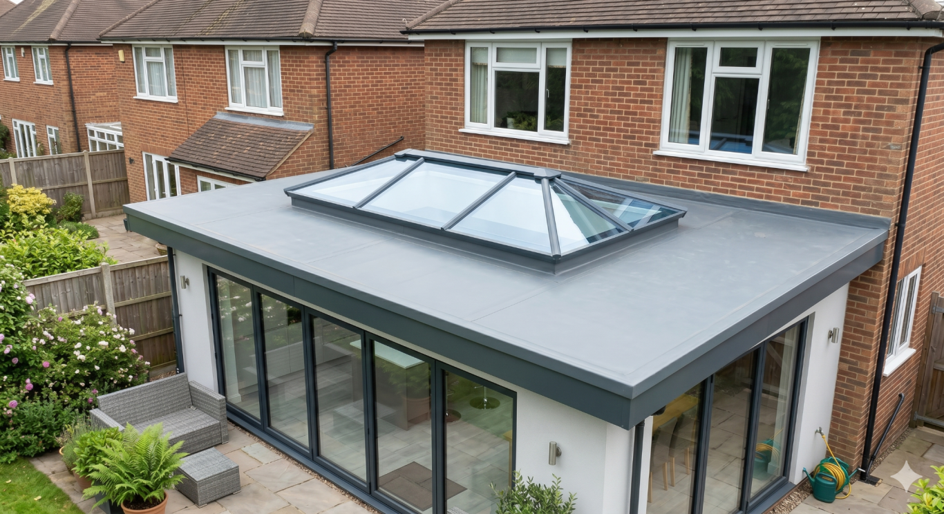 Flat Roof (Modern) Modern house extension with a glass roof, featuring large windows and a landscaped garden.