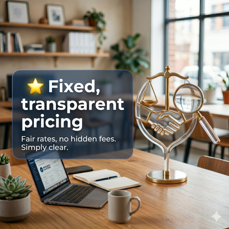 ⭐ Fixed, transparent pricing Laptop and tablet on a desk with a sign about fixed, transparent pricing.