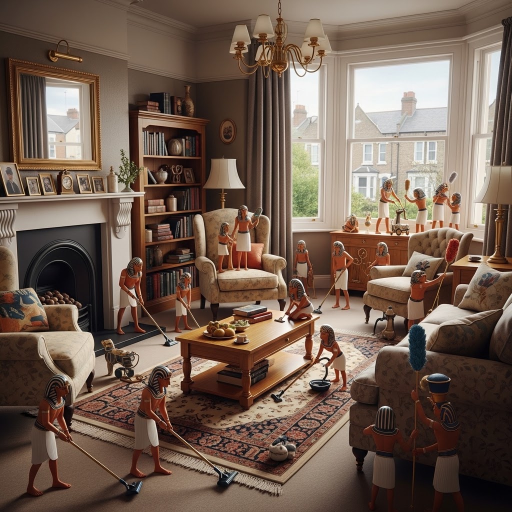 Living Room (or Lounge) A whimsical living room with miniature Egyptian figures engaged in daily activities.