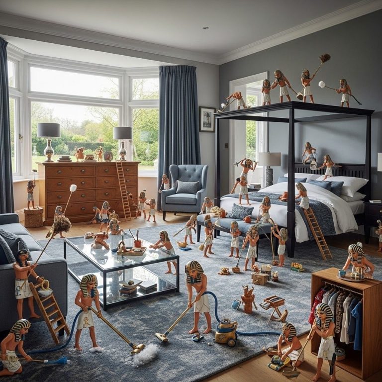 UK Master Suite A playful scene of numerous miniature figures engaging in daily activities in a modern bedroom.