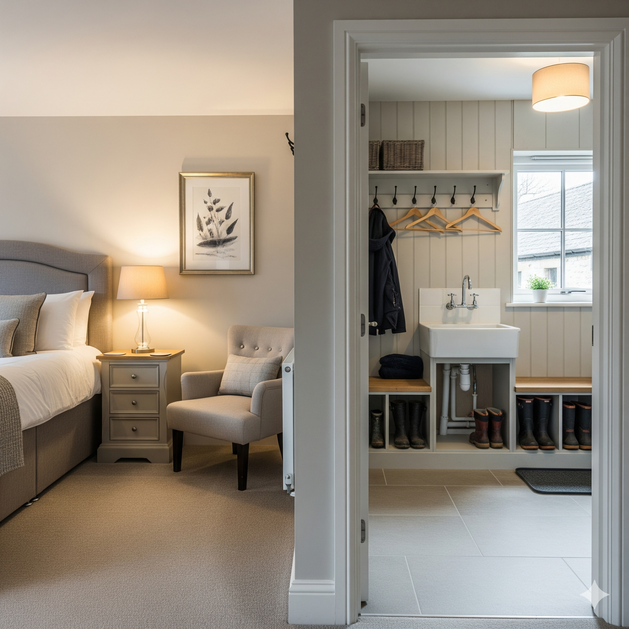 Bootility Rooms A stylish bedroom with an ensuite featuring a sink and coat hooks.