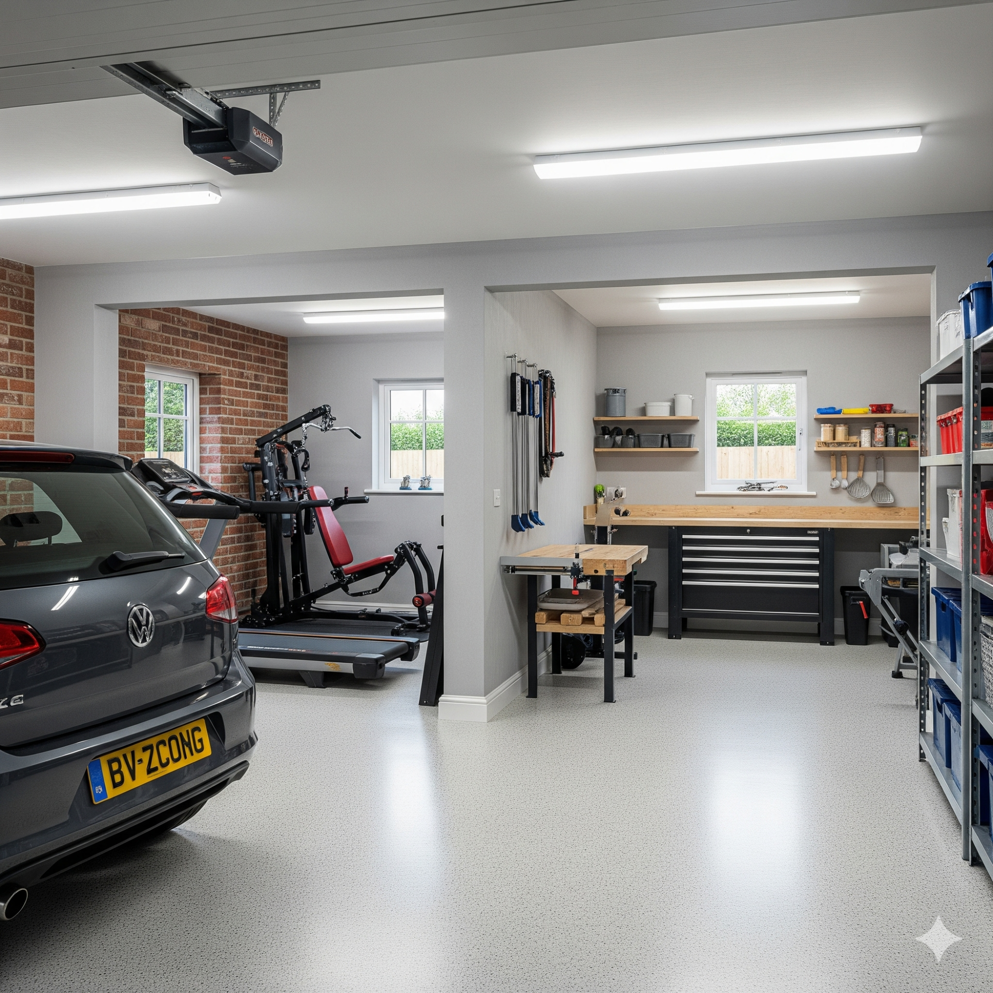 Multi-use Spaces A modern garage with a car, fitness equipment, and storage shelves.