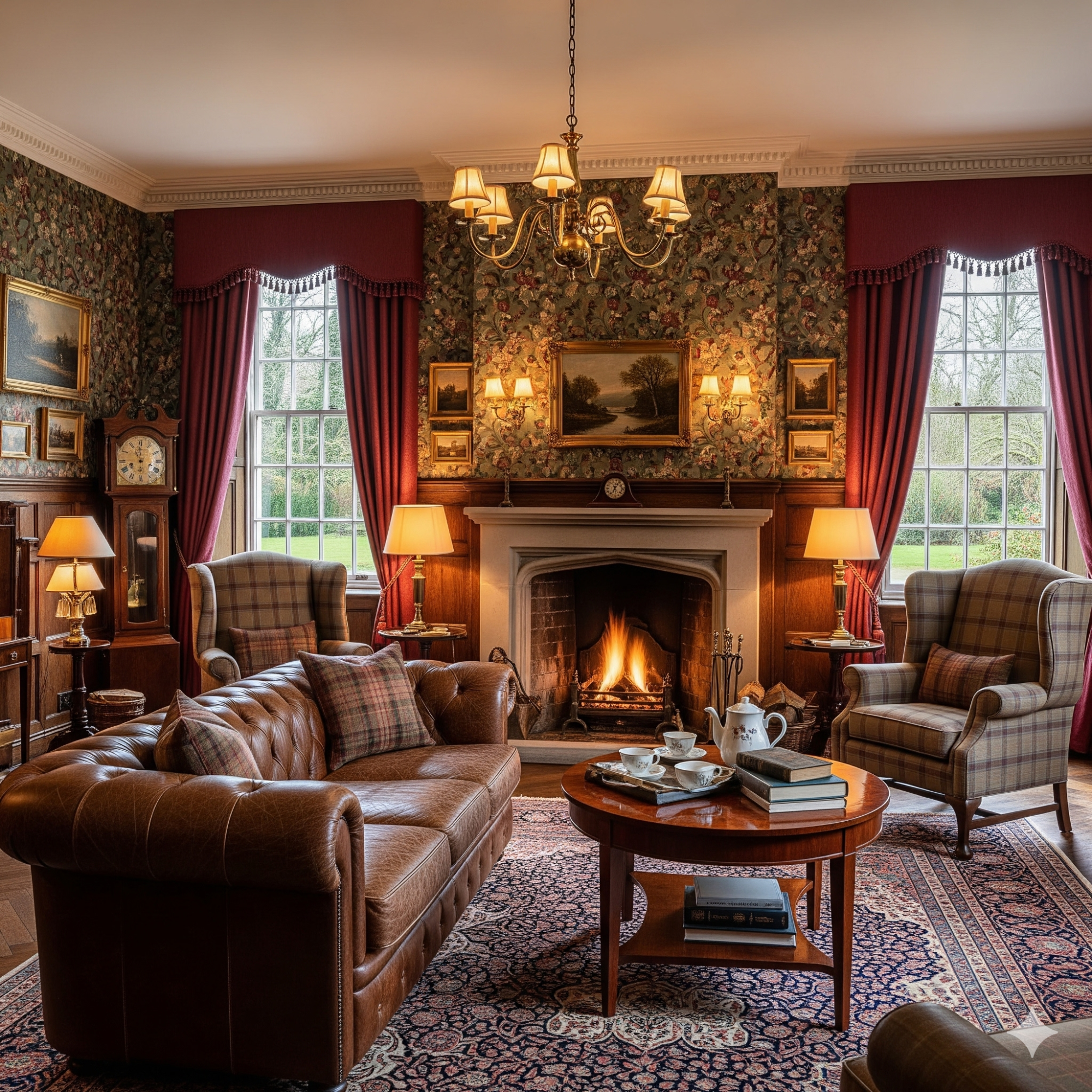 Traditional - Classic British A cozy living room with a fireplace, leather sofa, and armchairs, adorned with patterned wallpaper.