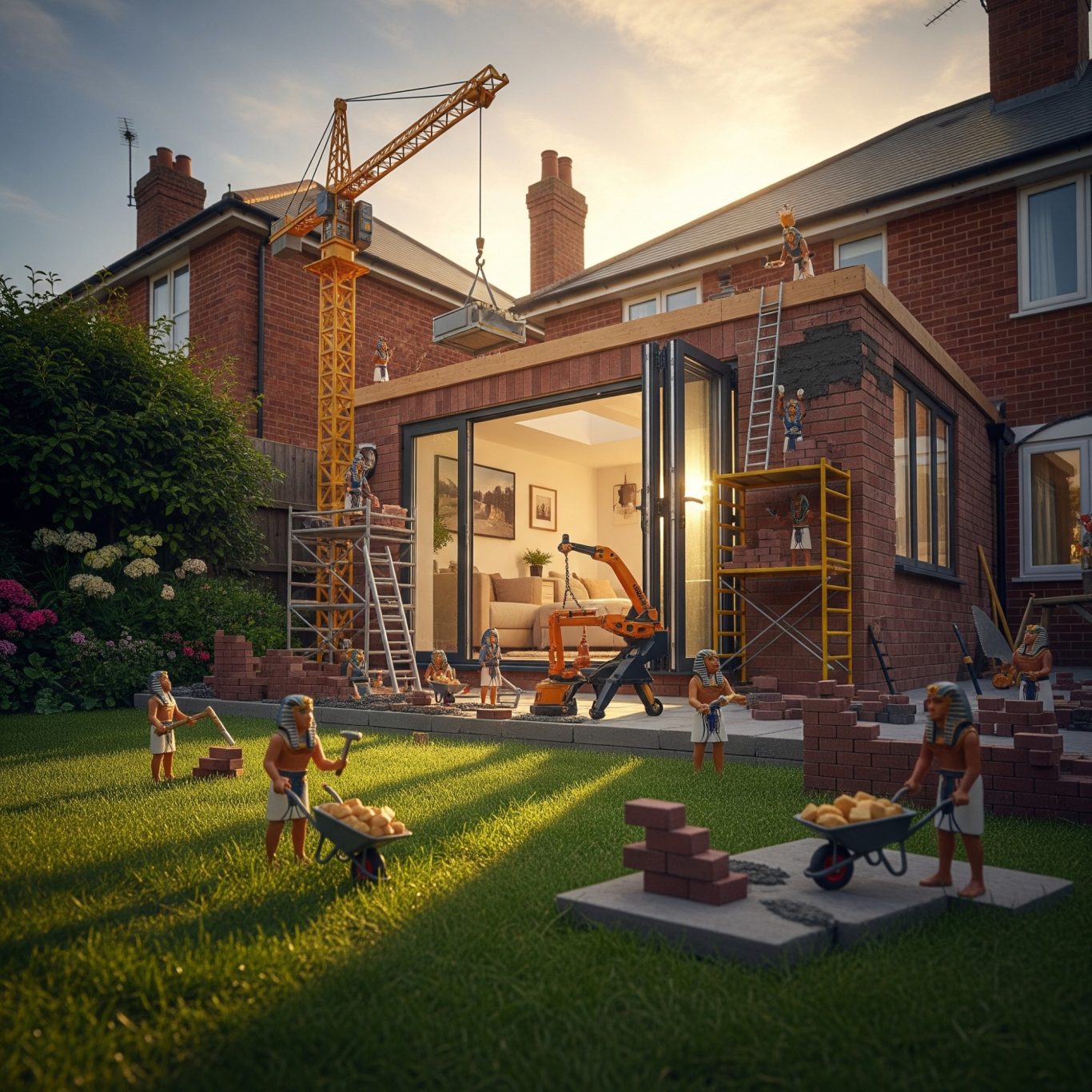 Single Storey Rear Extension Construction scene with mini figures working on a house with cranes and tools in a garden.