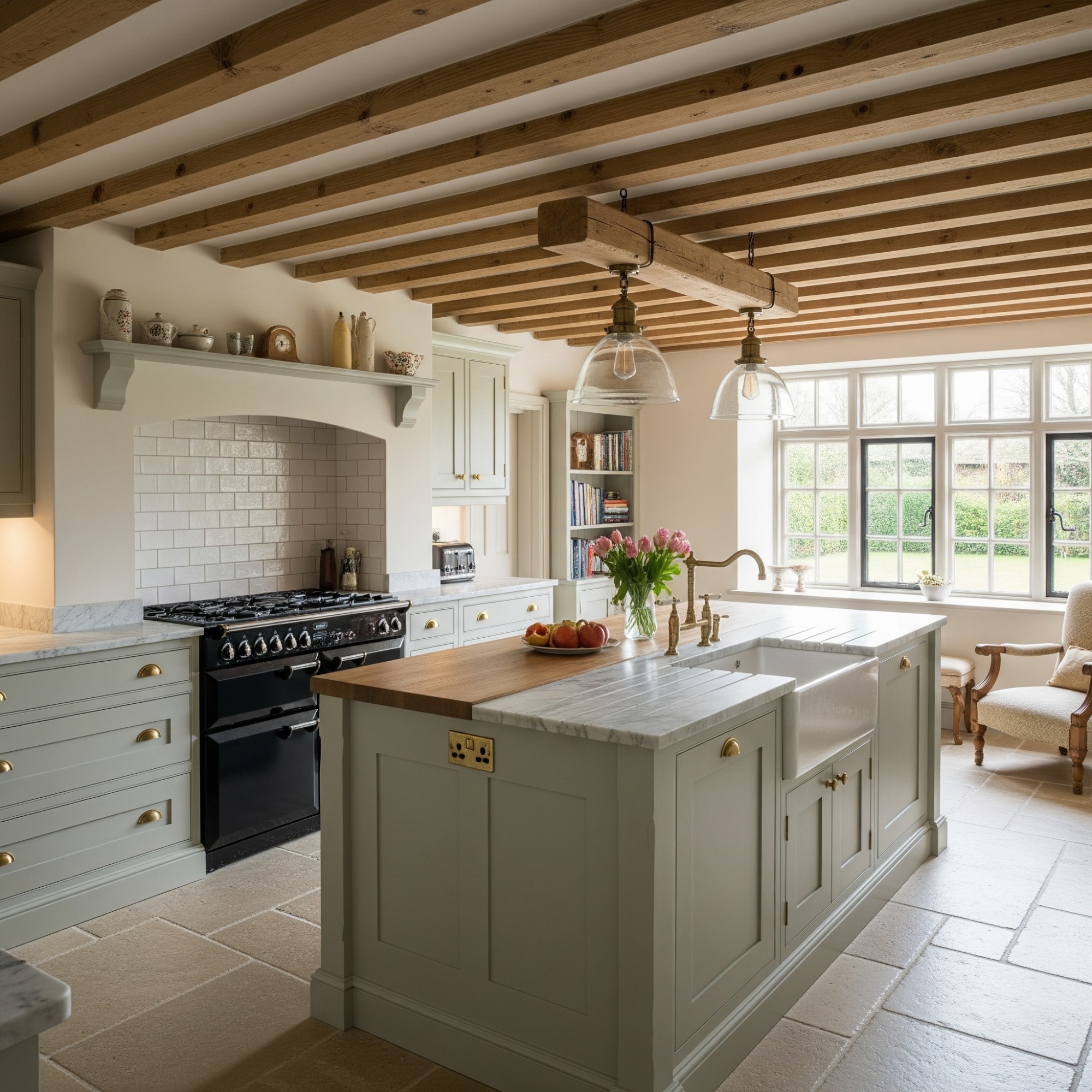 Farmhouse Modern kitchen with a central island, beams, and large windows overlooking greenery.