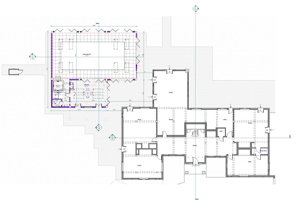 Proposed Ground Floor Floor plan layout showing two connected building sections with rooms and dimensions.