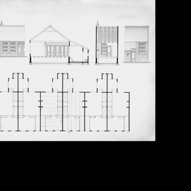 Architectural drawings showing various elevations and floor plans of a building.