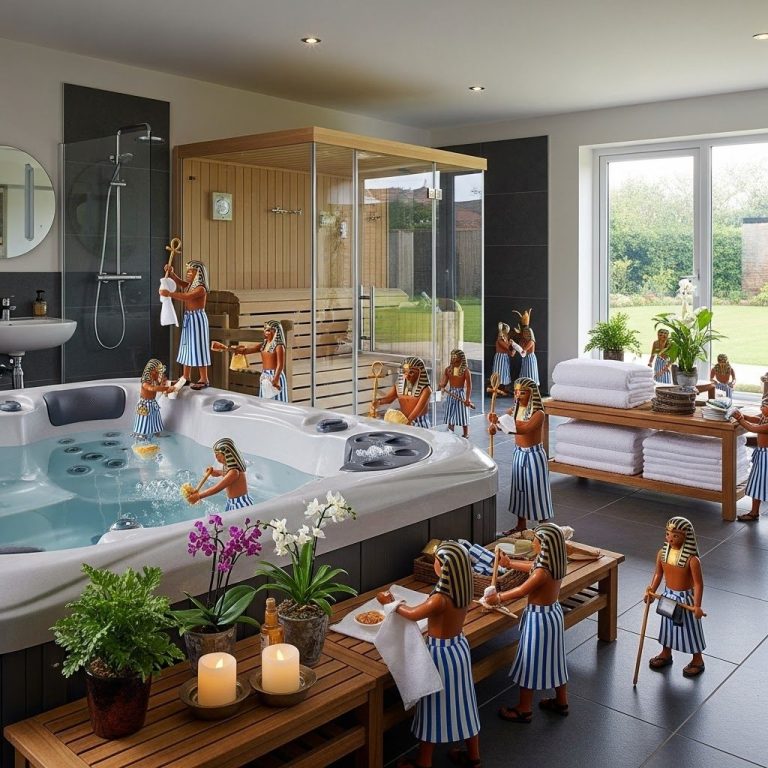 UK Home Spa Dolls in a modern spa setting, featuring a hot tub, sauna, and plants.