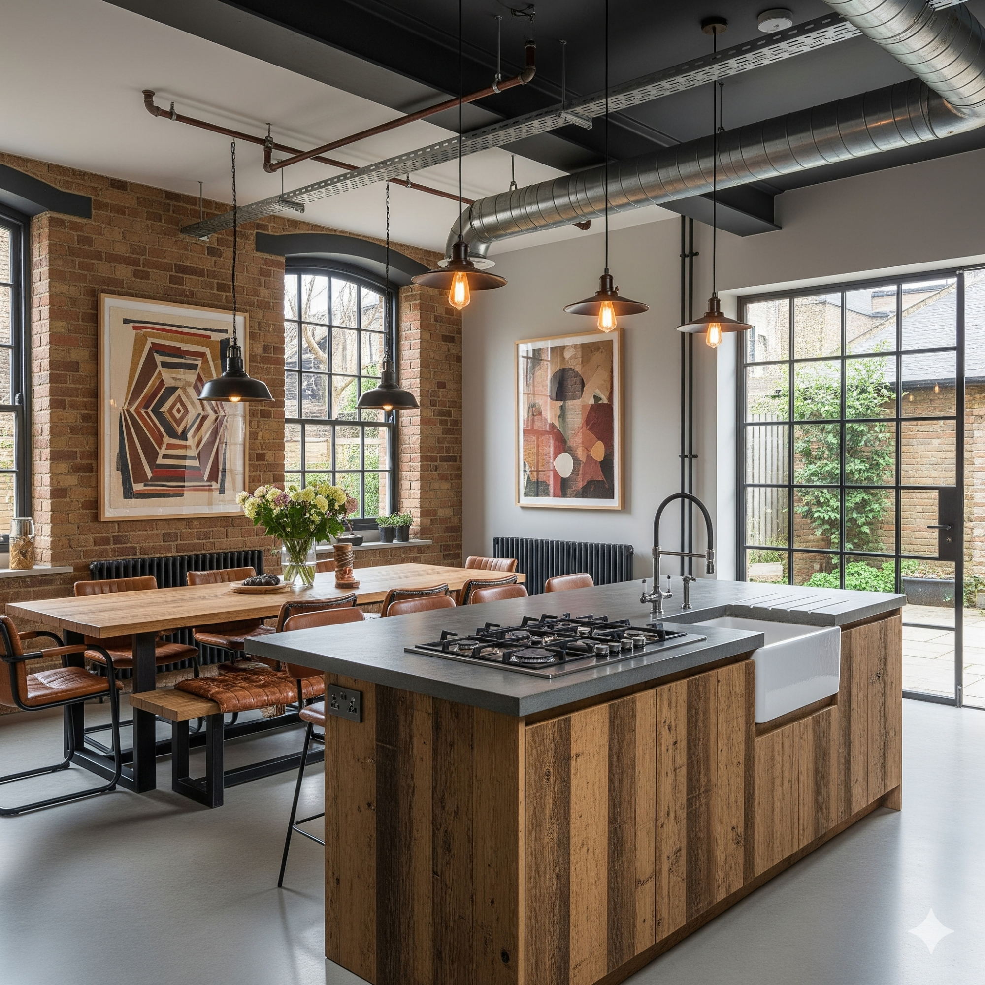 Industrial & Urban Modern kitchen with wooden island, industrial decor, and large windows for natural light.