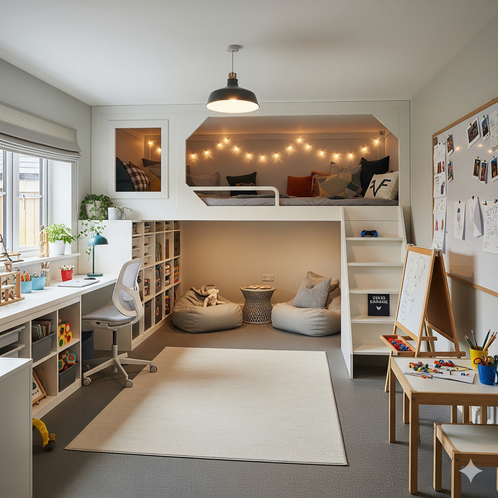 Functional Pod or Loft Den A modern children's room with a loft bed, bean bags, a study area, and soft lighting.