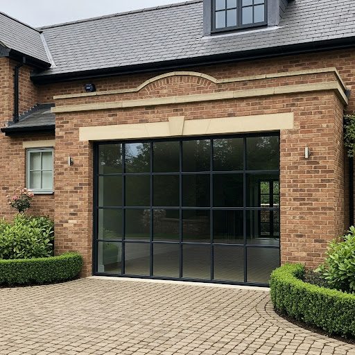 Modern brick house exterior with large black window and neatly trimmed hedge.