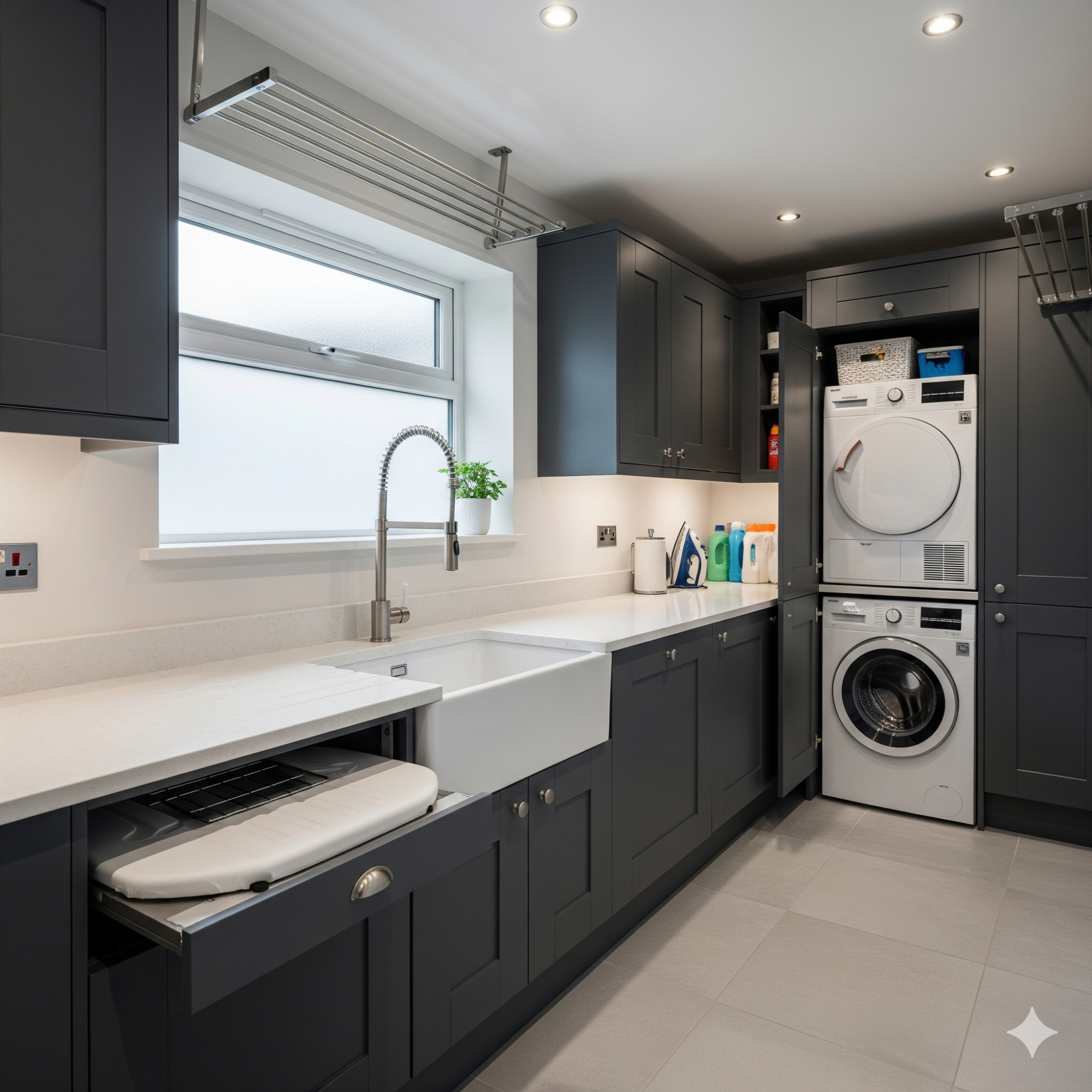 Compact & Efficient Modern kitchen with dark cabinets, a sink, and a washing machine integrated into the design.