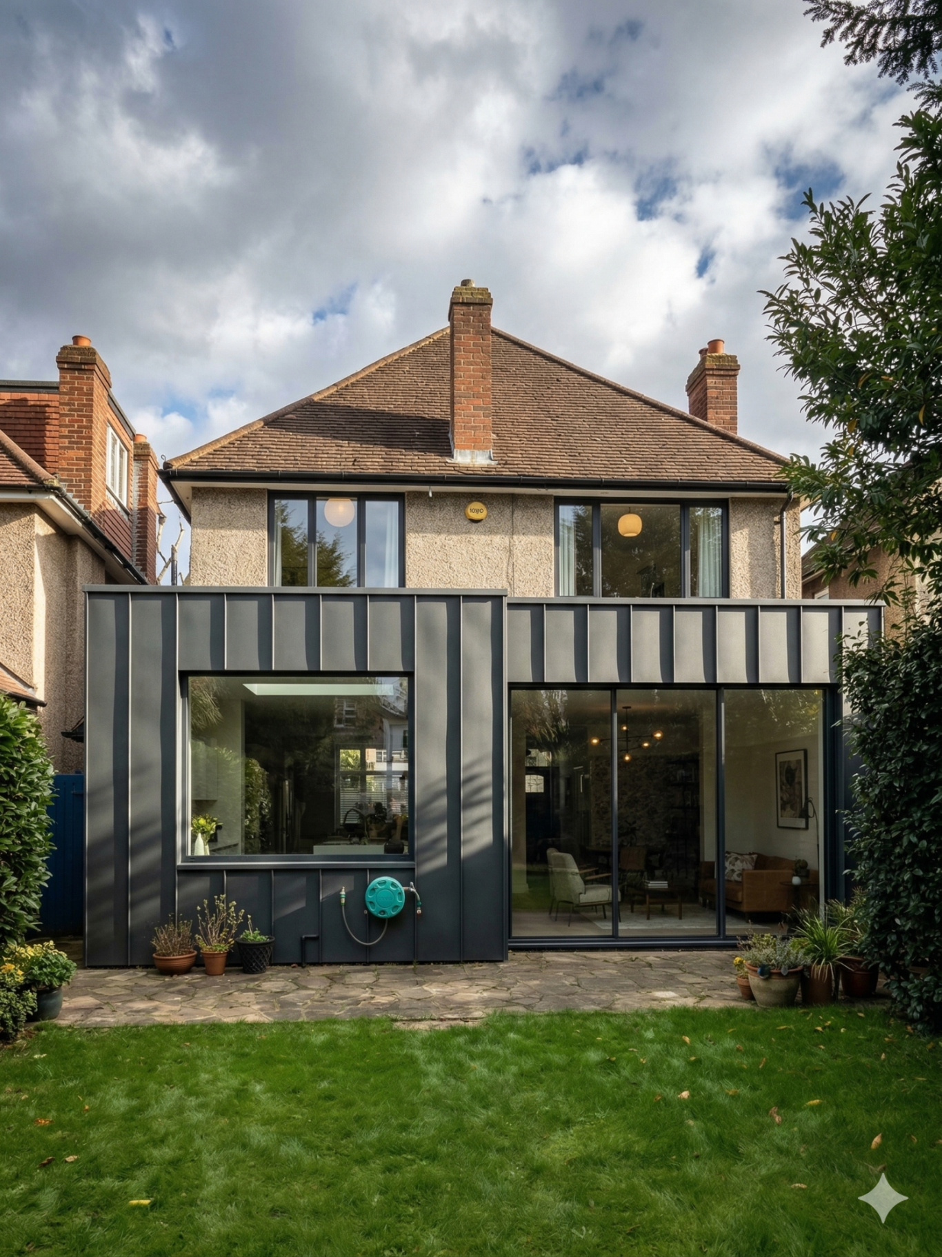 Dark Zinc Metal Cladding Modern two-storey house with large windows and a garden, set against a cloudy sky.
