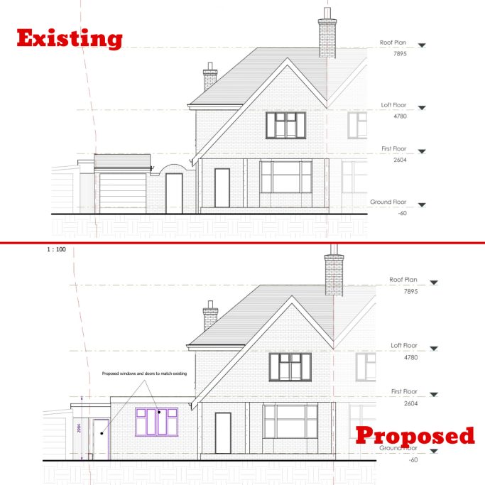 Existing and proposed Front elevation Side elevation comparison showing existing house and proposed extension plans.