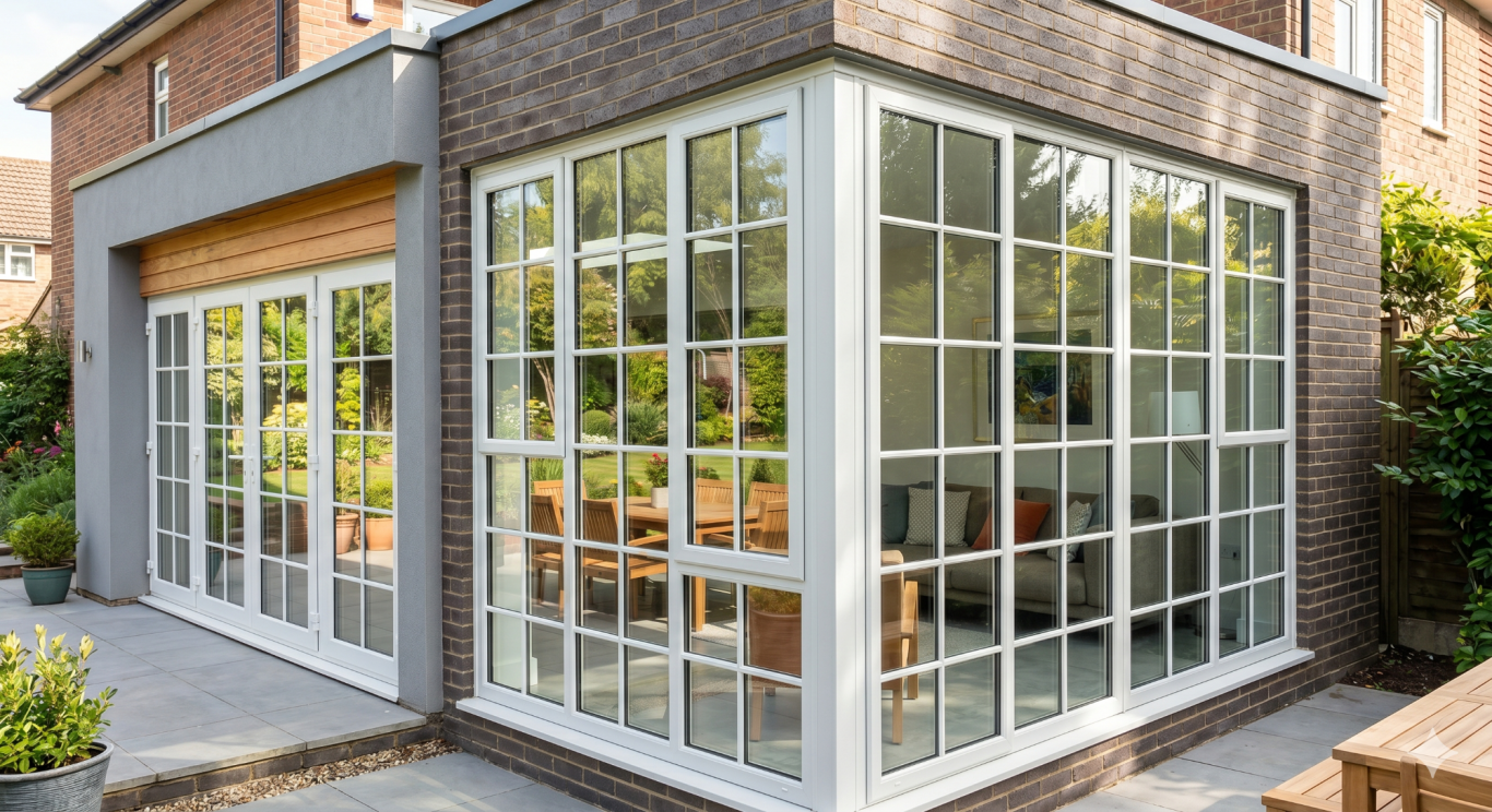 White uPVC A modern conservatory with large windows, surrounded by greenery and patio furniture.