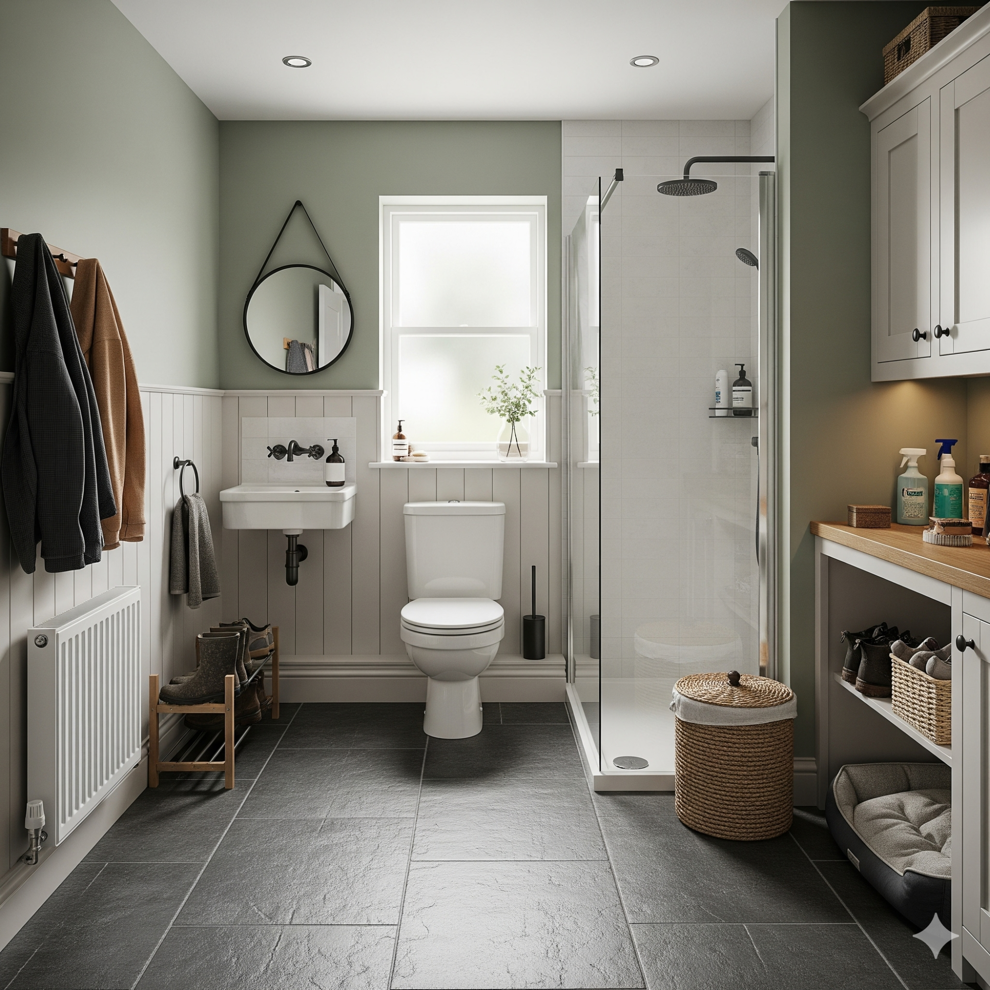Bootility Modern bathroom with a shower, toilet, sink, and wooden storage. Natural light from a window.