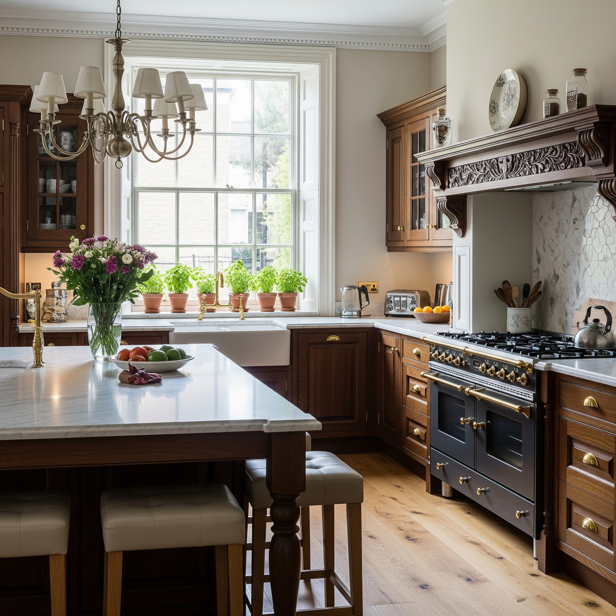 Traditional style Modern kitchen with wooden cabinets, marble countertops, and a large oven, featuring a vase of flowers.