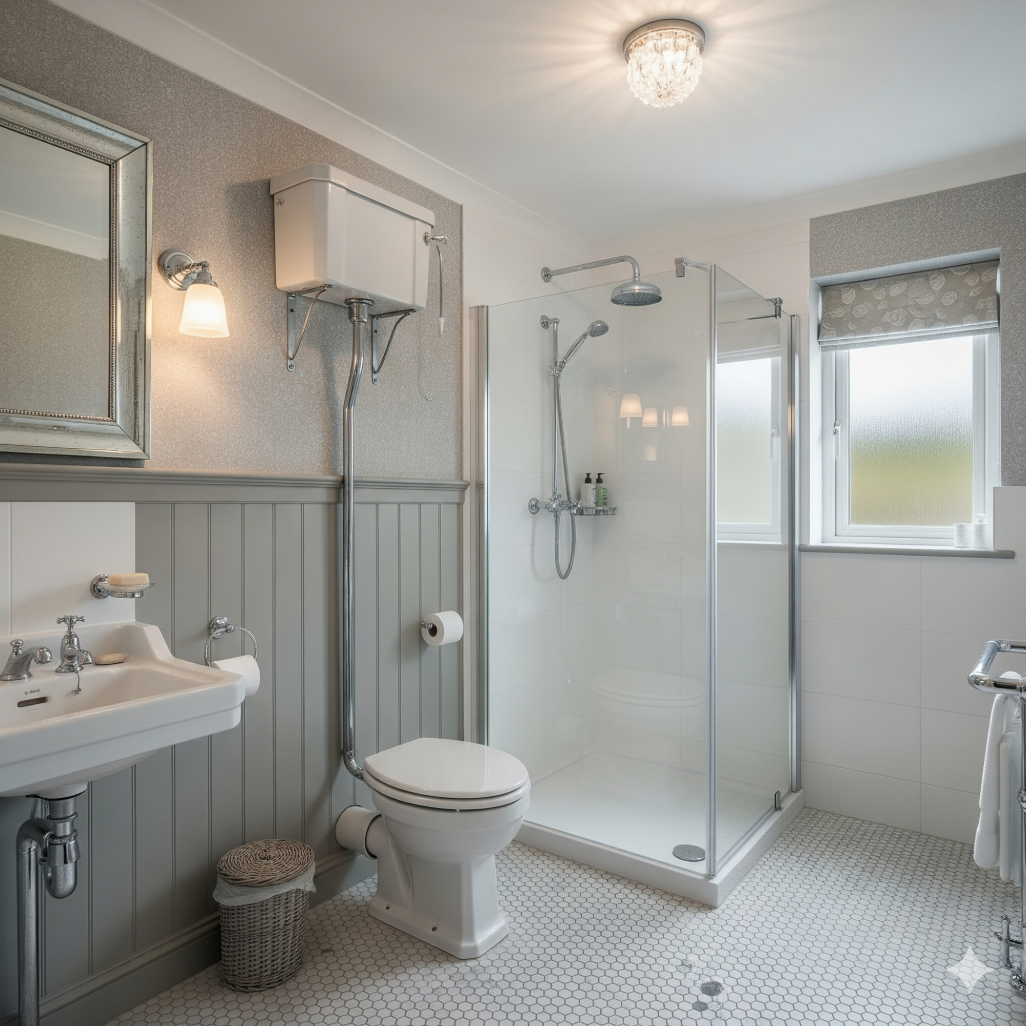 Classic & Timeless Modern bathroom featuring a shower, toilet, sink, and natural light.