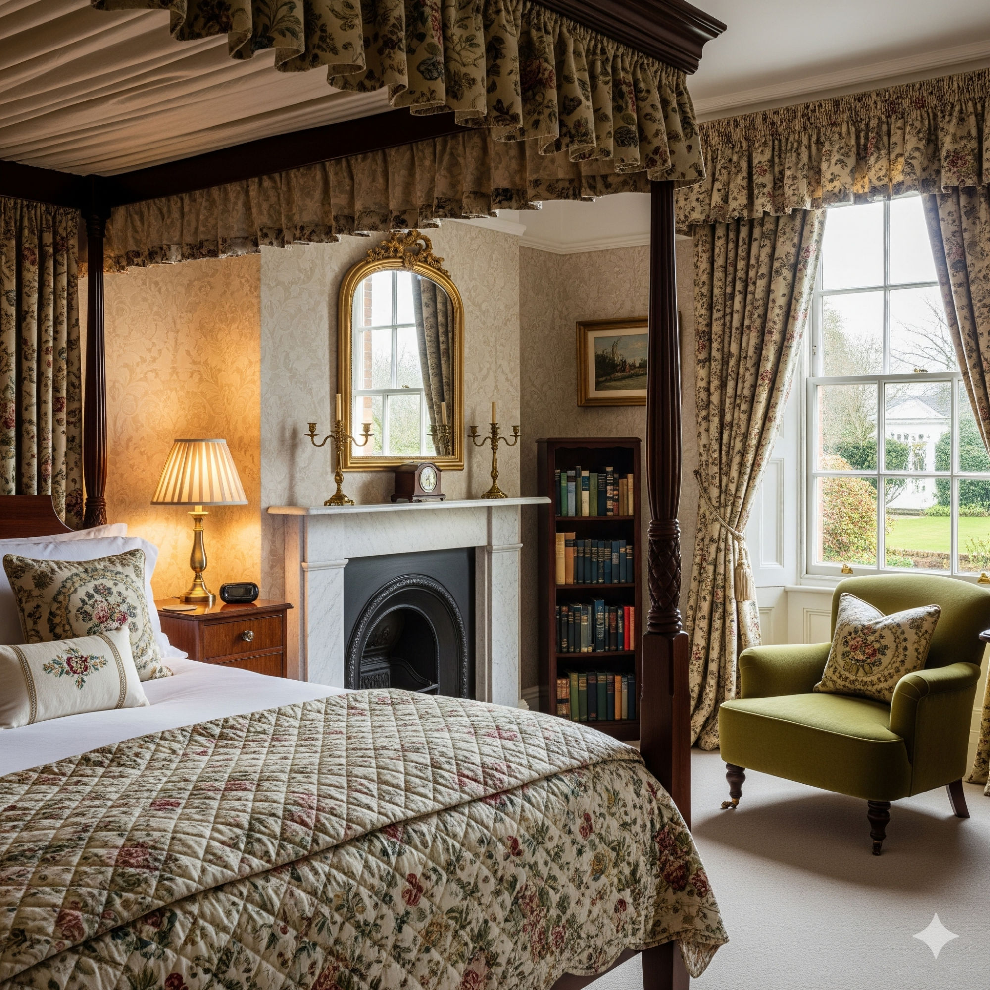 Traditional & Classic English Elegant bedroom with a four-poster bed, decorative curtains, and a reading chair by the window.