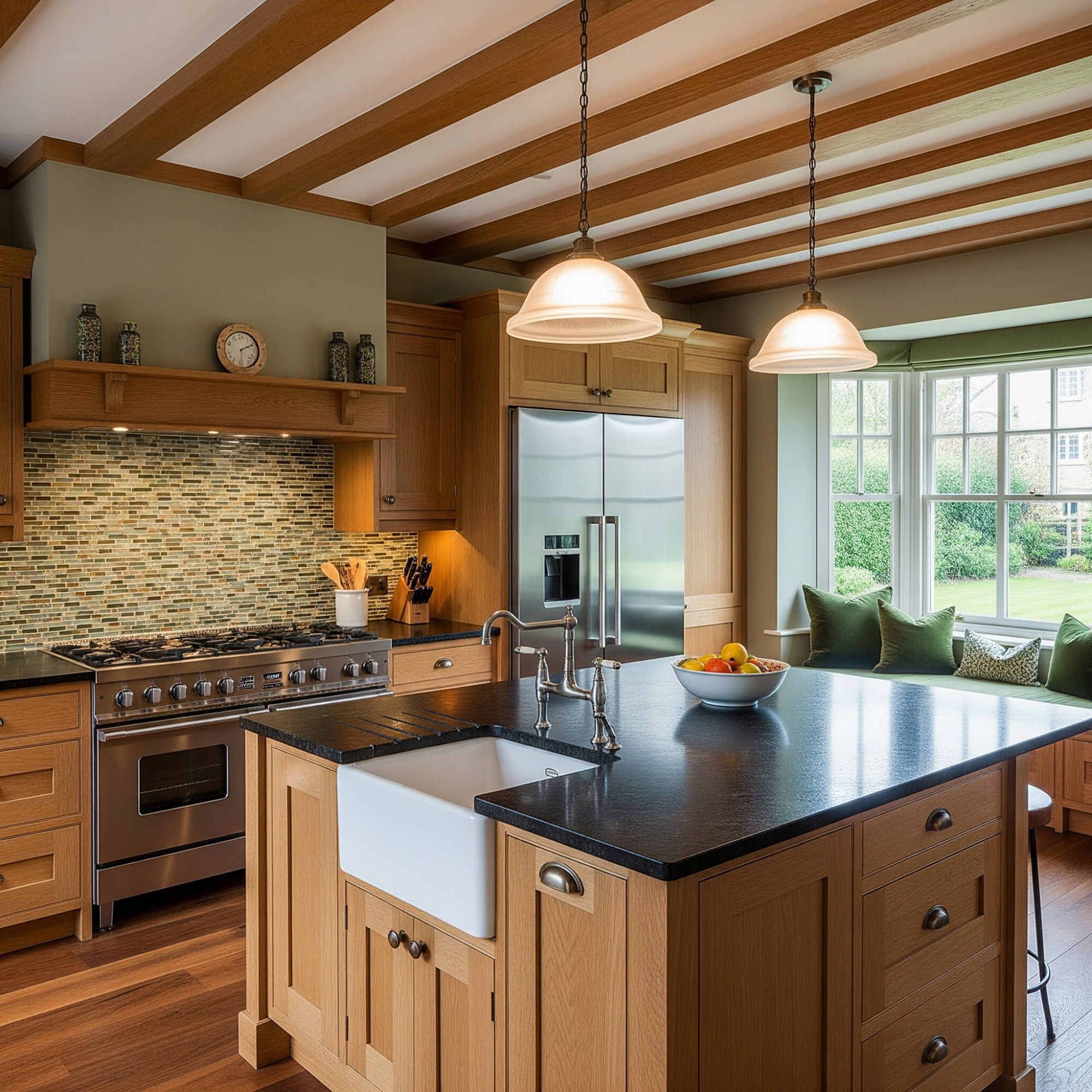 Craftsman style Modern kitchen featuring wooden beams, an island sink, and a window seat with green cushions.