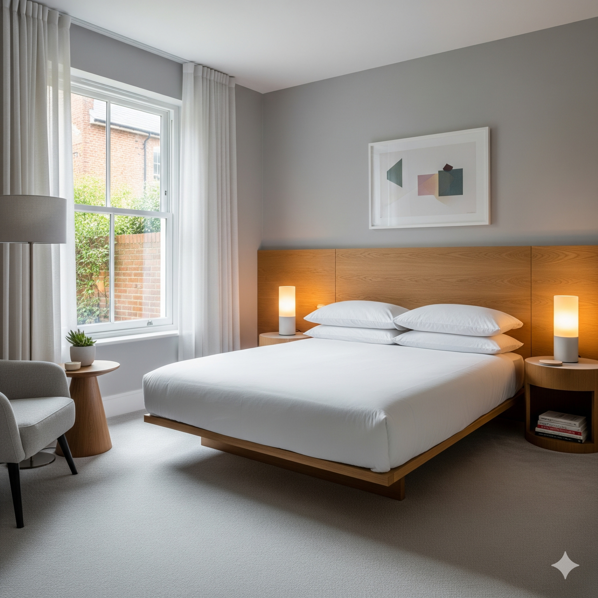Modern Minimalist Modern bedroom with a double bed, armchair, and contemporary art on the wall.