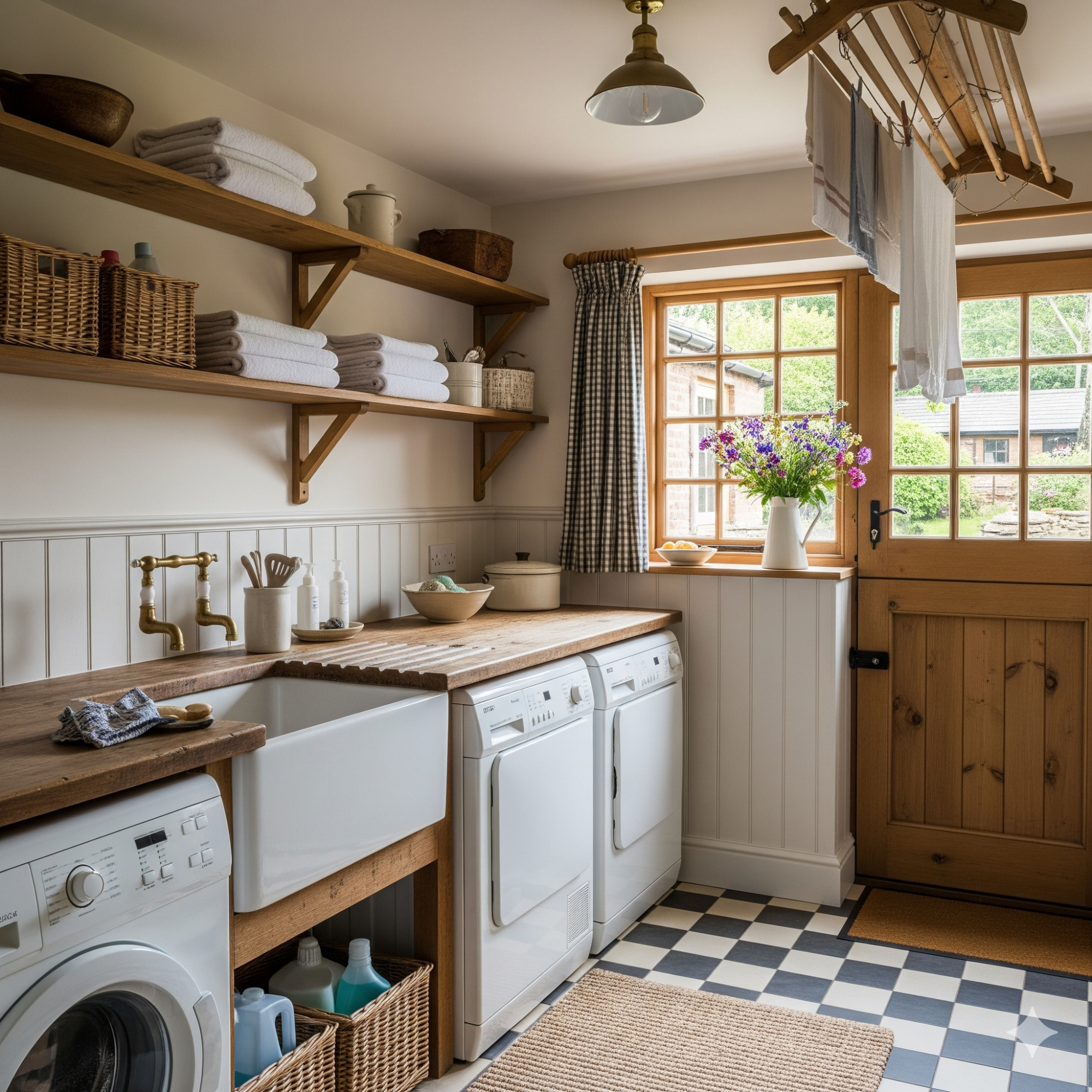 Traditional & Country Bright laundry room with white units, wooden shelves, and a door leading outside.