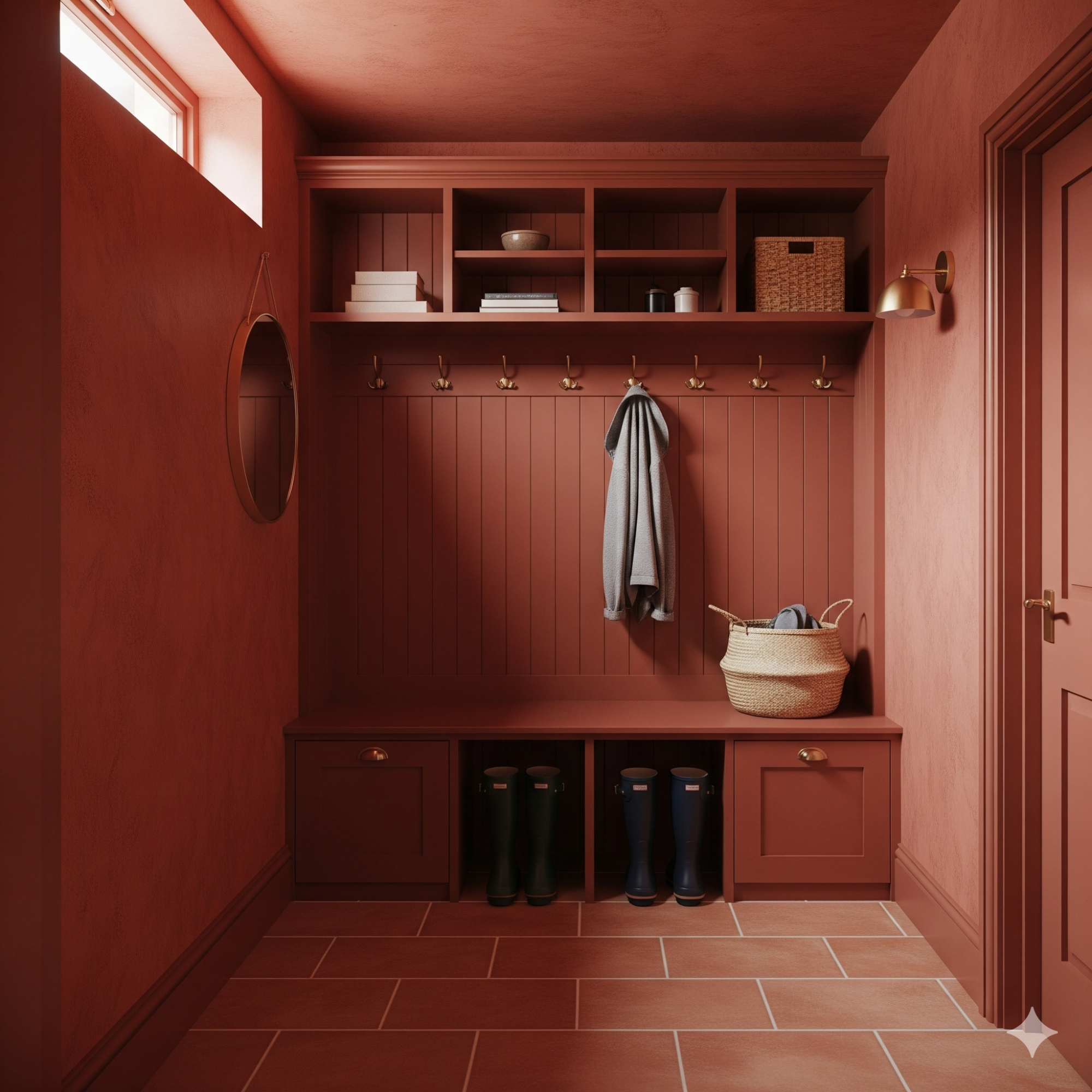 Colour Drenching Rustic hallway with terracotta walls, shelves, hooks, and storage for shoes and a basket.