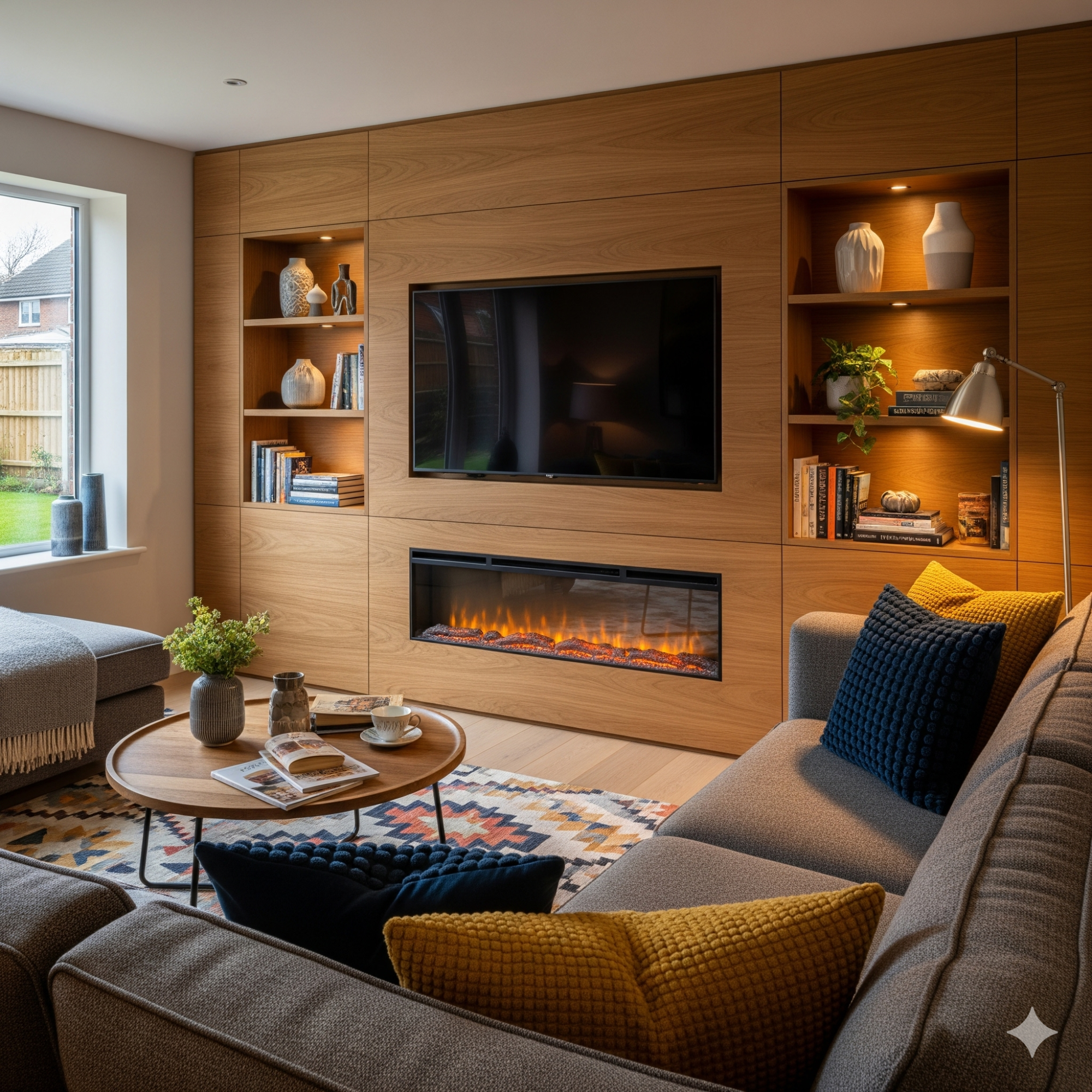 The Media Wall Stylish living room featuring a fireplace, modern furniture, and decorative shelves.