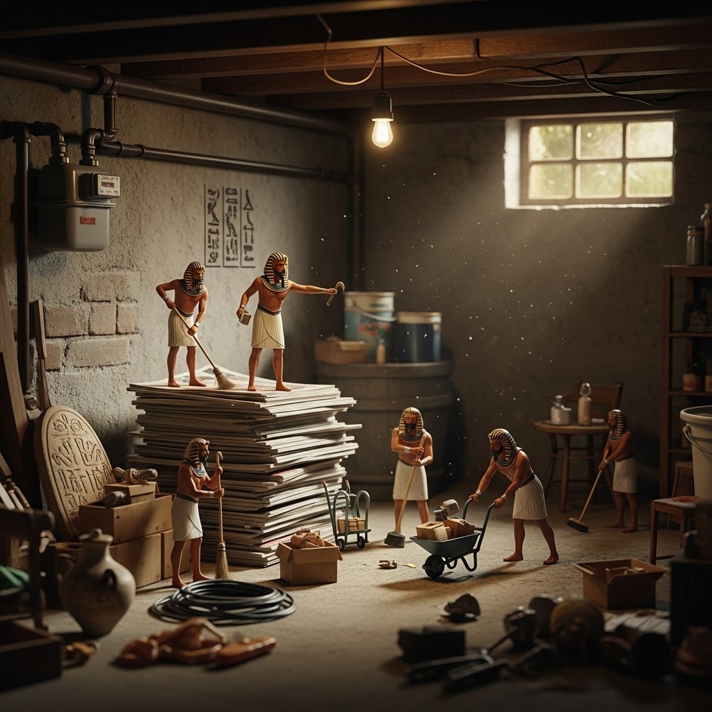 Basement Children playing in a dimly lit basement, using materials for imaginative play.