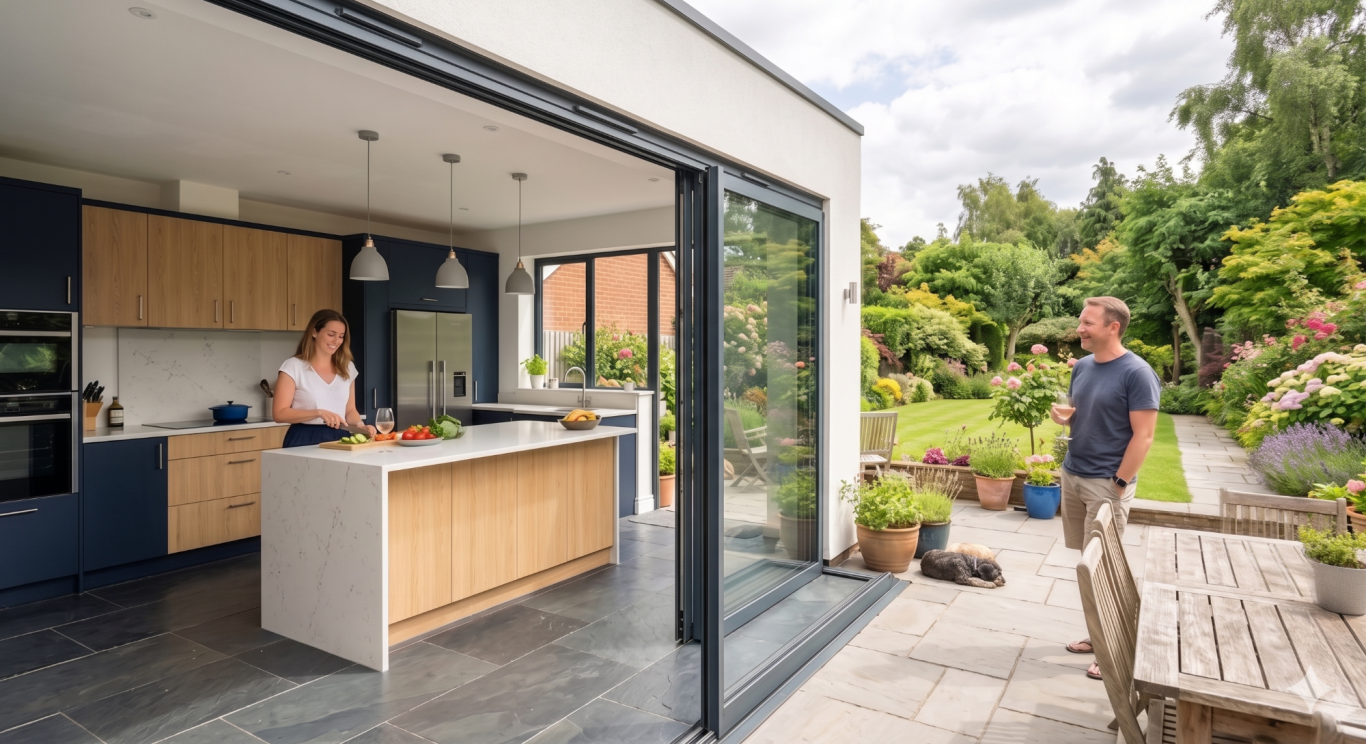 Sliding Patio Doors A woman prepares food in a modern kitchen with a garden view; a man stands outside.