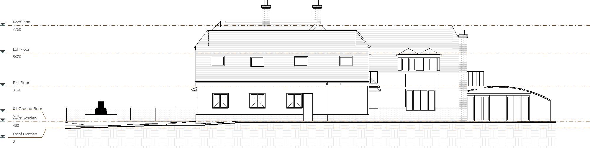 Existing Side Elevation Side elevation of a two-storey house with four windows and a garden area.