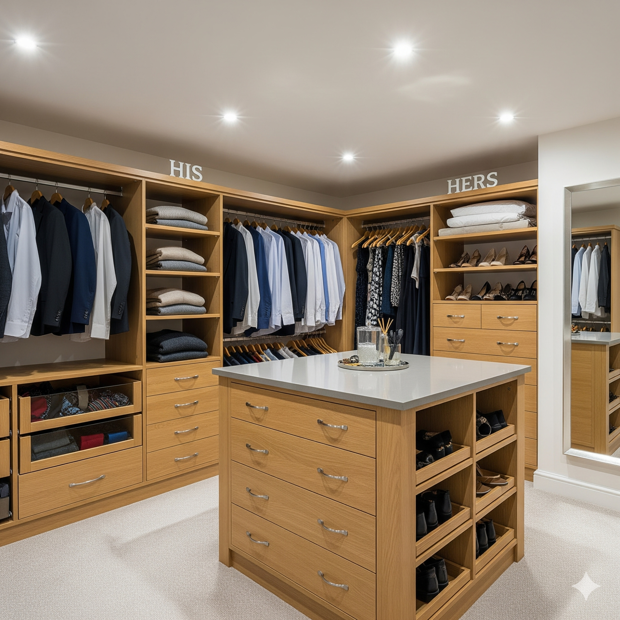 His and Hers Practical Luxury walk-in closet with wooden shelving, organised clothes, and a central island.