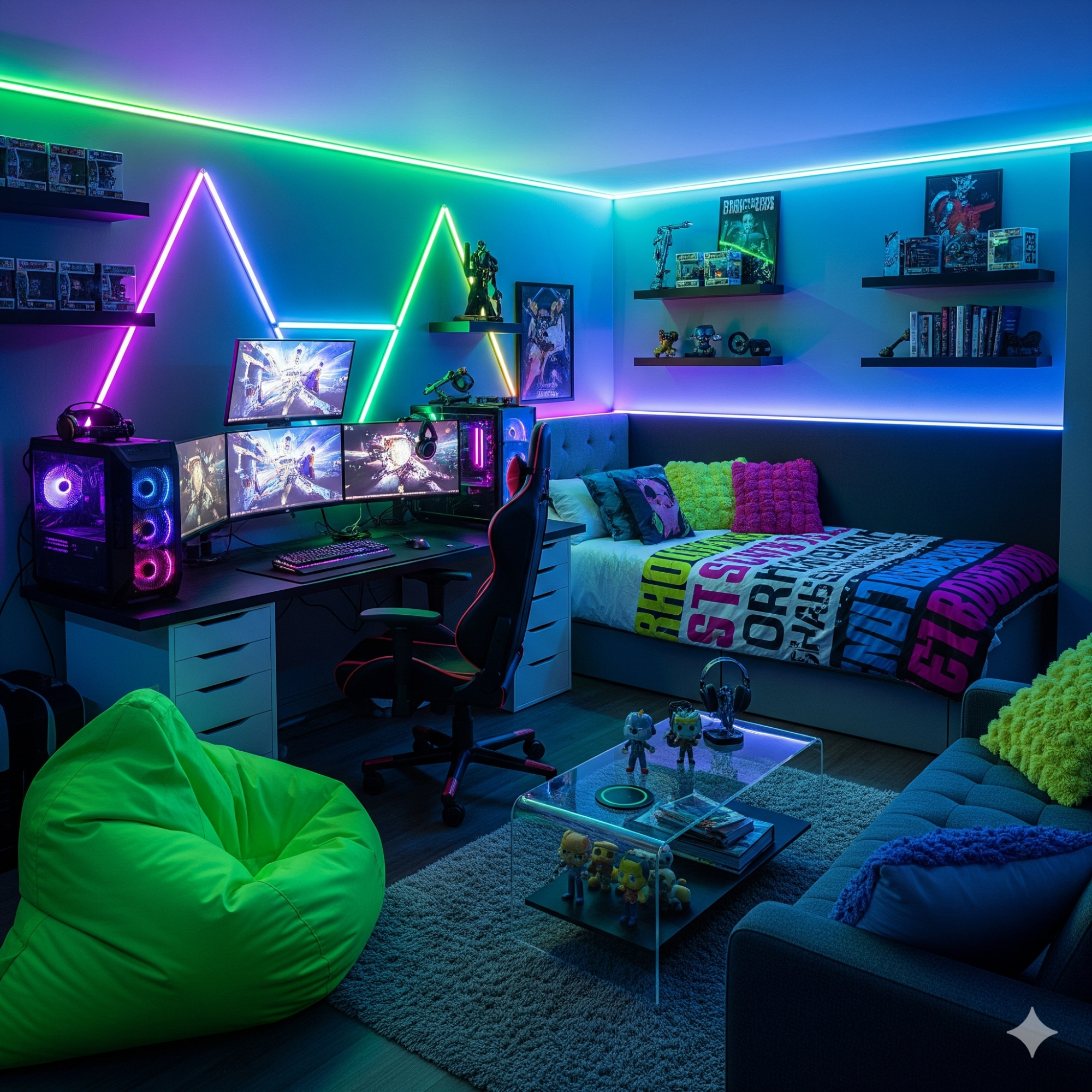 LED Strip Lighting A vibrant gaming room featuring neon lighting, multiple monitors, and colourful decor.