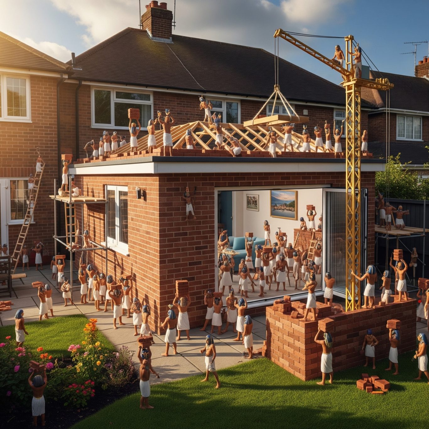 Single Storey Rear Extension A whimsical scene of miniature figures constructing a house in a garden setting.