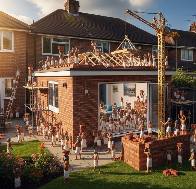 Single Storey Rear Extension A whimsical construction scene featuring numerous small figures working on a brick house.